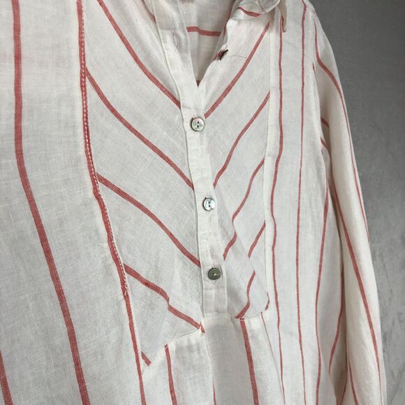 C&C CALIFORNIA 100% Linen Tunic Sz M White Red Stripe 1/2 Button Roll Tab Sleeve - Picture 11 of 13
